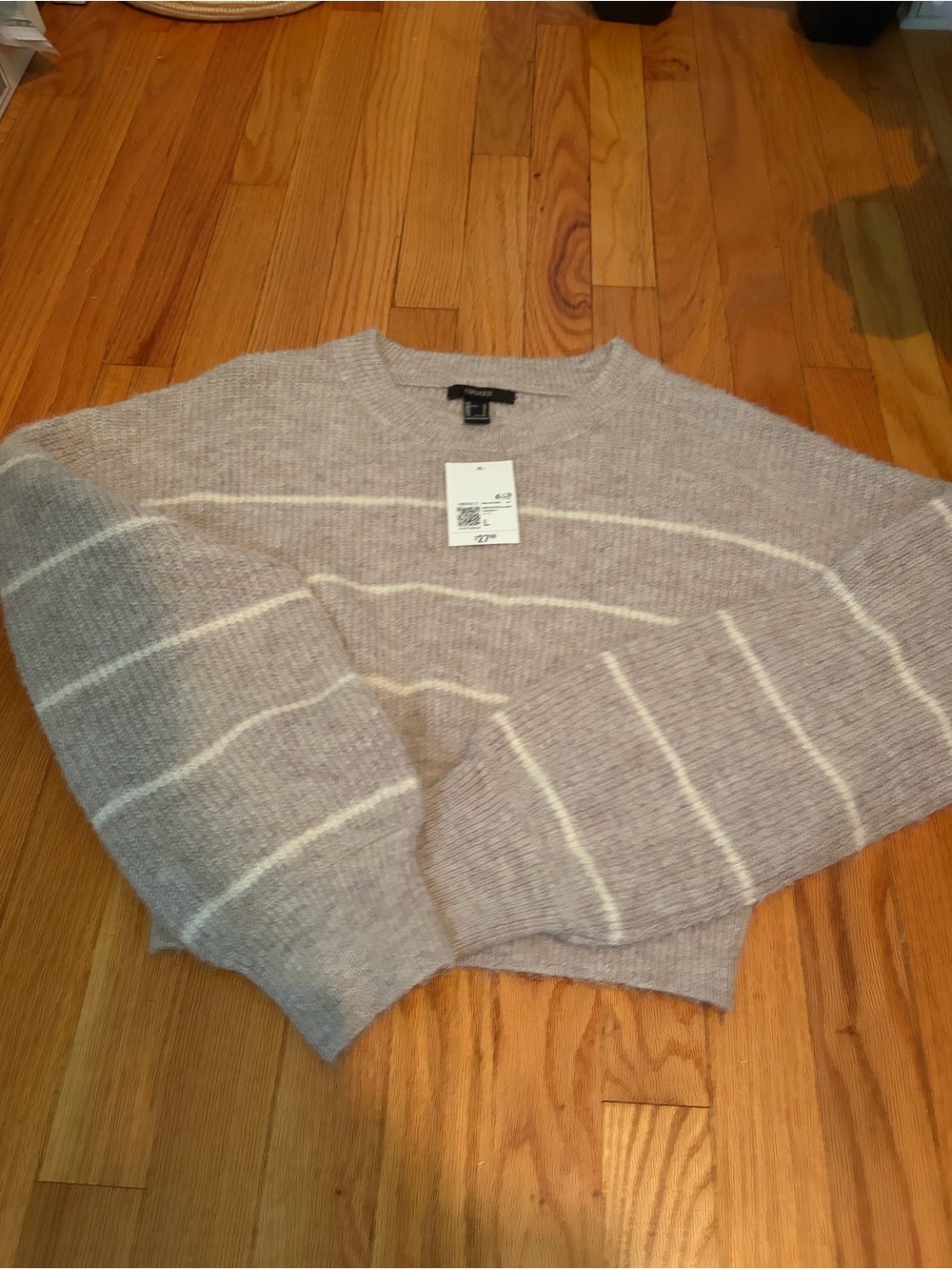 Forever 21 Light Gray and Cream Striped Crewneck Sweater